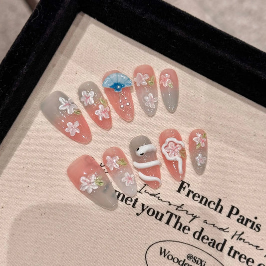 Almond Press-On Nails – Handmade 3D Flower & Snake Design