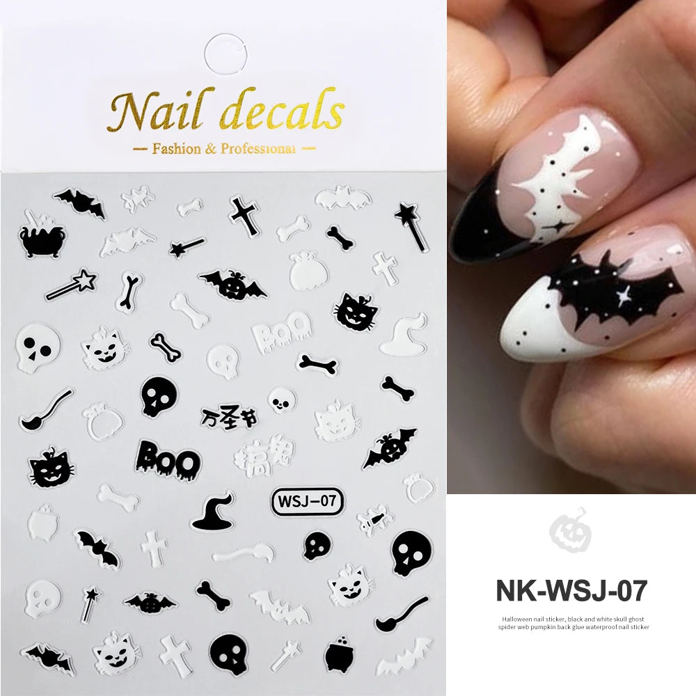 Halloween-themed nail decals with a packaging sheet and applied nails.