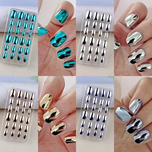 Mirror Chrome Press-On Nails – 24 Metallic Oval Tips