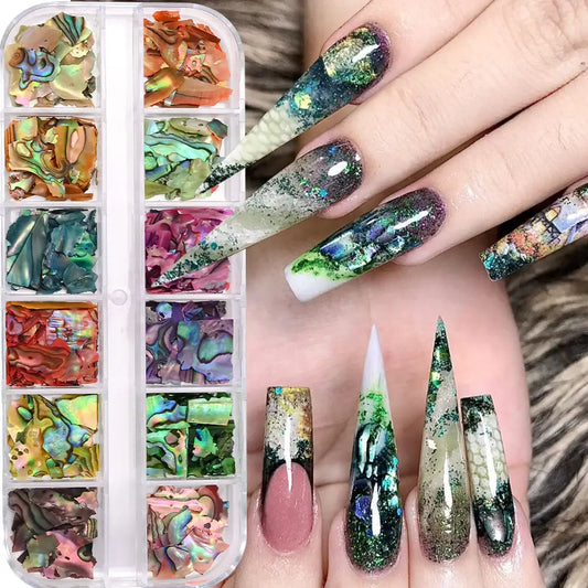 Aurora Abalone Shell Flakes – 12 Grid Nail Art Set