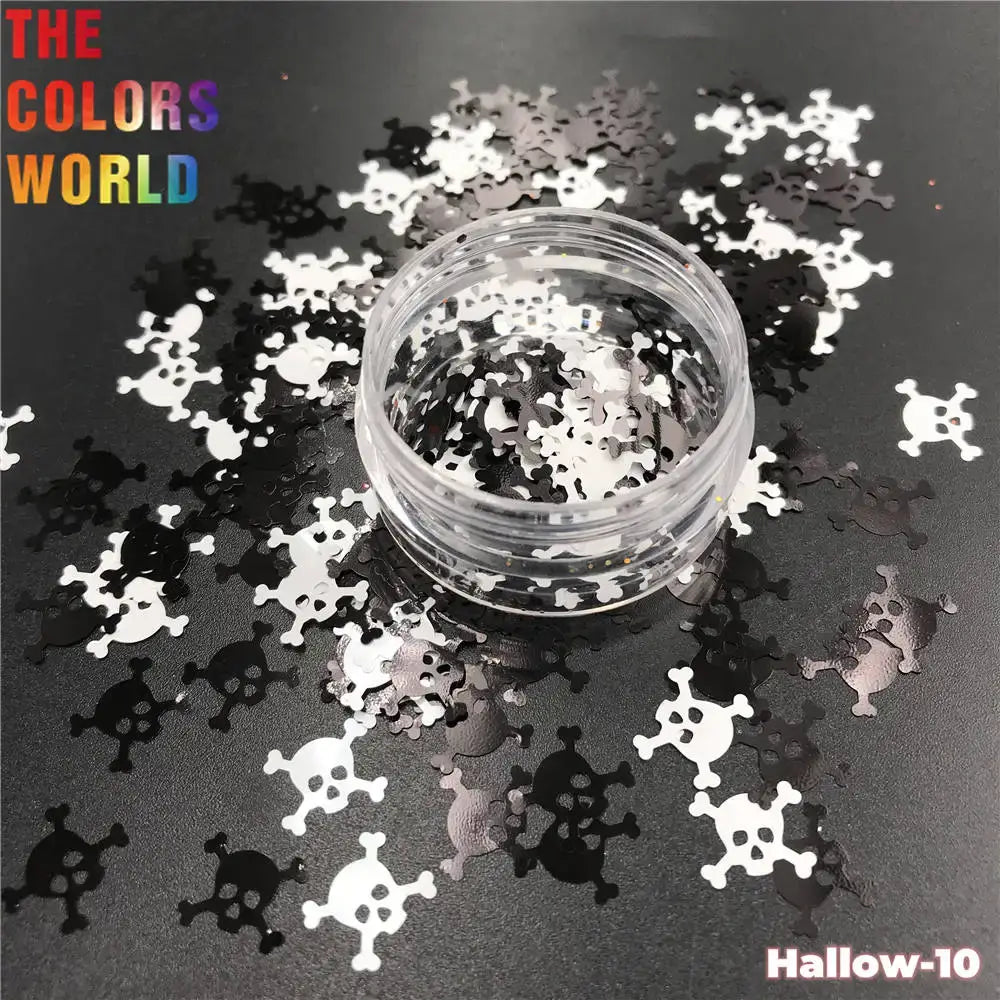 Jar of skull-shaped confetti with 'The Colors World' branding on a dark background