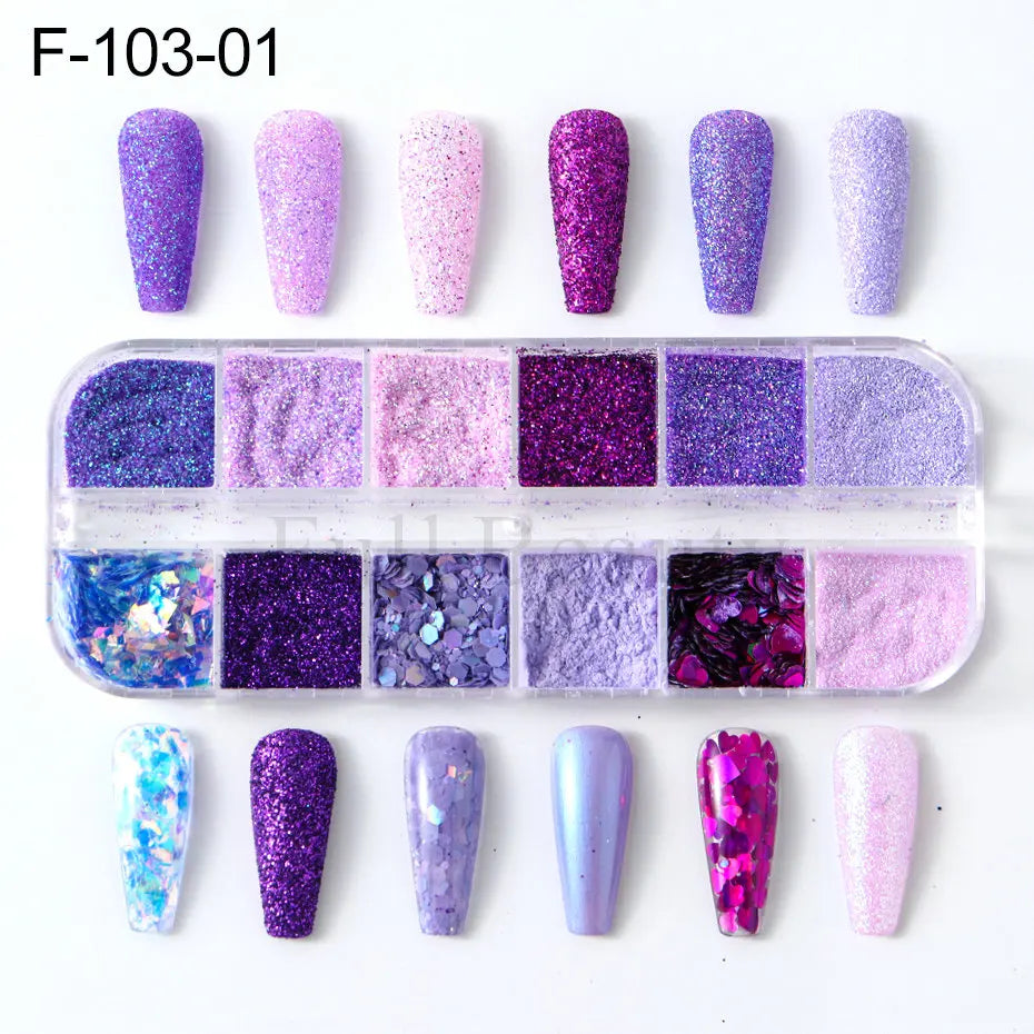 Purple Nail Glitter 12 Grids – Holographic Sugar Powder