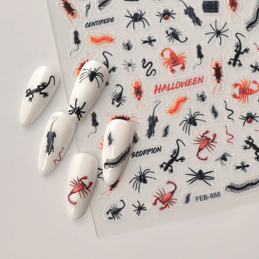 Nail art stickers with Halloween designs on a white background