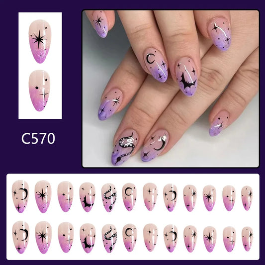 Nail art design with pink and purple gradient and decorative elements on nails.