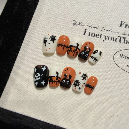 Halloween Press On Nails – Handmade Pumpkin Ghost Art