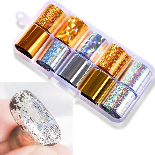 Holographic Nail Foil Set, Gold Silver Transfer Sticker, Laser DIY Manicure, Starry Sky Decals, 1 Box, 2.5*60cm