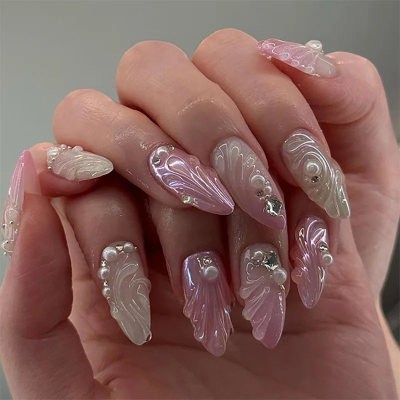 Almond Press On Nails | Long French Pink Bow & Flower Design