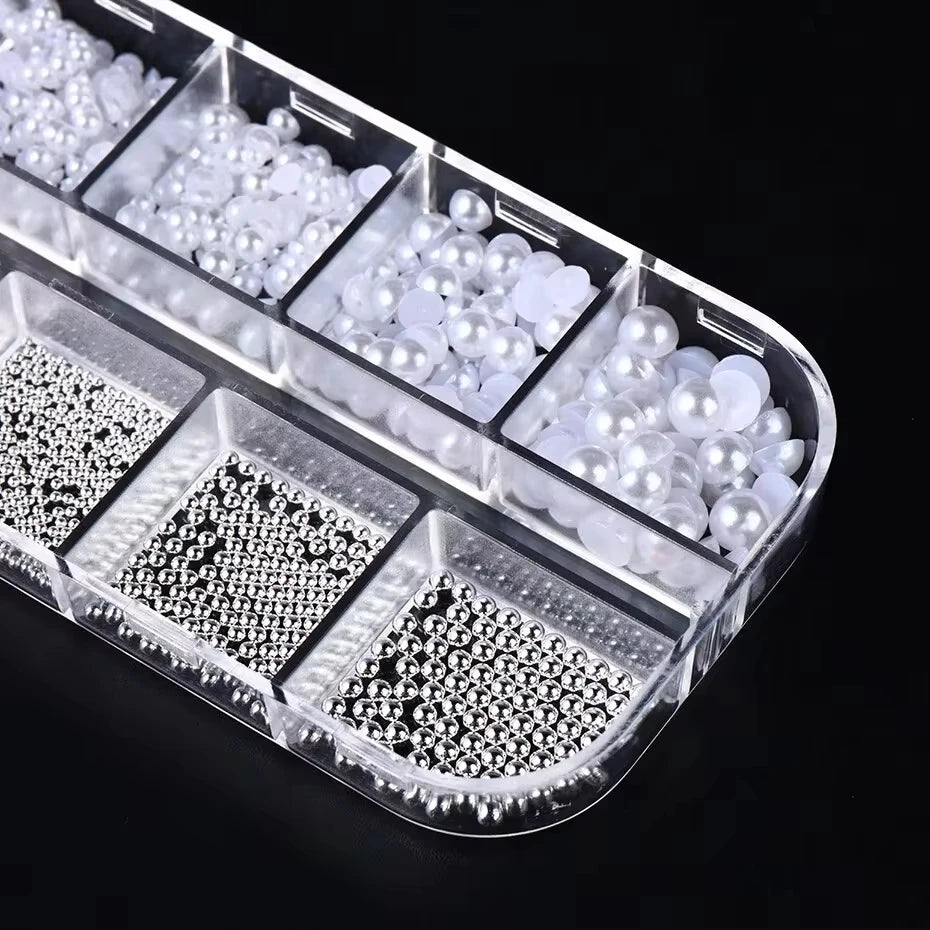 12 Grids White Nail Charms – Caviar Beads & Half Pearls
