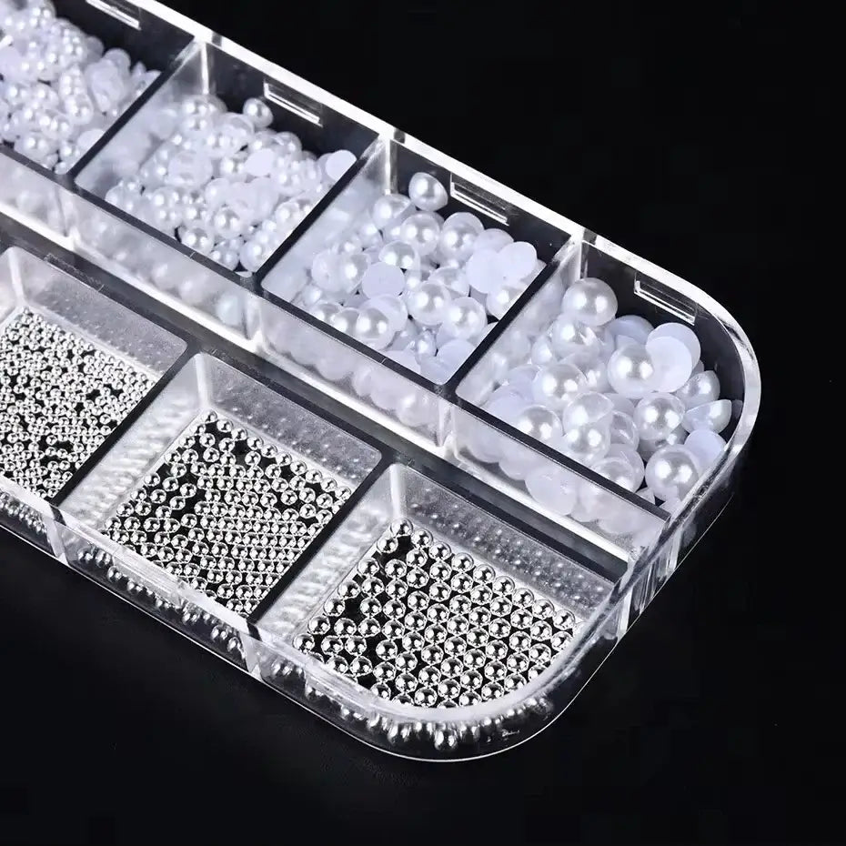 12 Grids White Pearls Nail Charms Caviar Beads