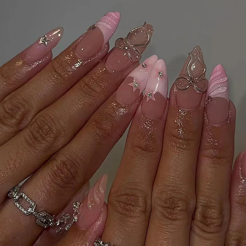 Almond Press On Nails | Long French Pink Bow & Flower Design