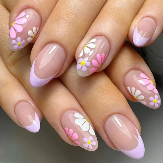 24Pcs Short Almond Press-On Nails – Pink Floral French Tip, Glossy & Elegant
