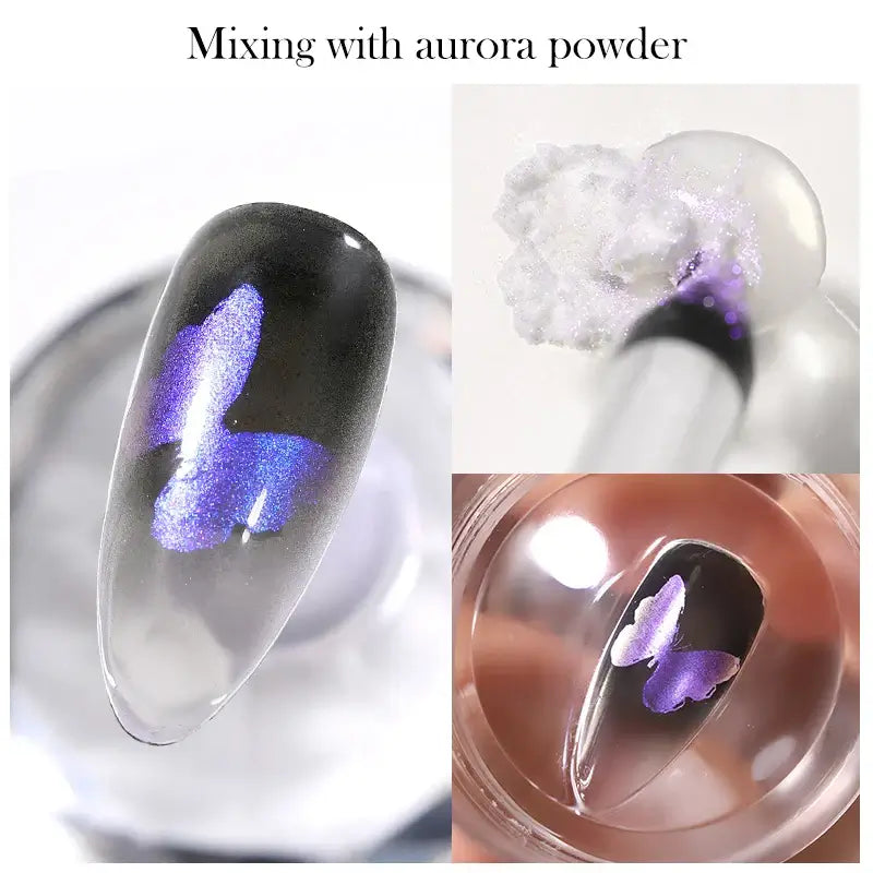 Nail Stamping Polish Nail art process with black and purple design and aurora powder