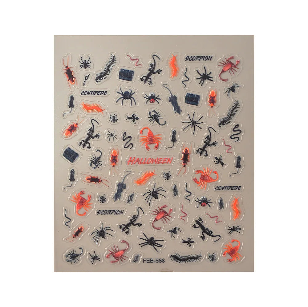Halloween-themed sticker sheet with various insects on a beige background
