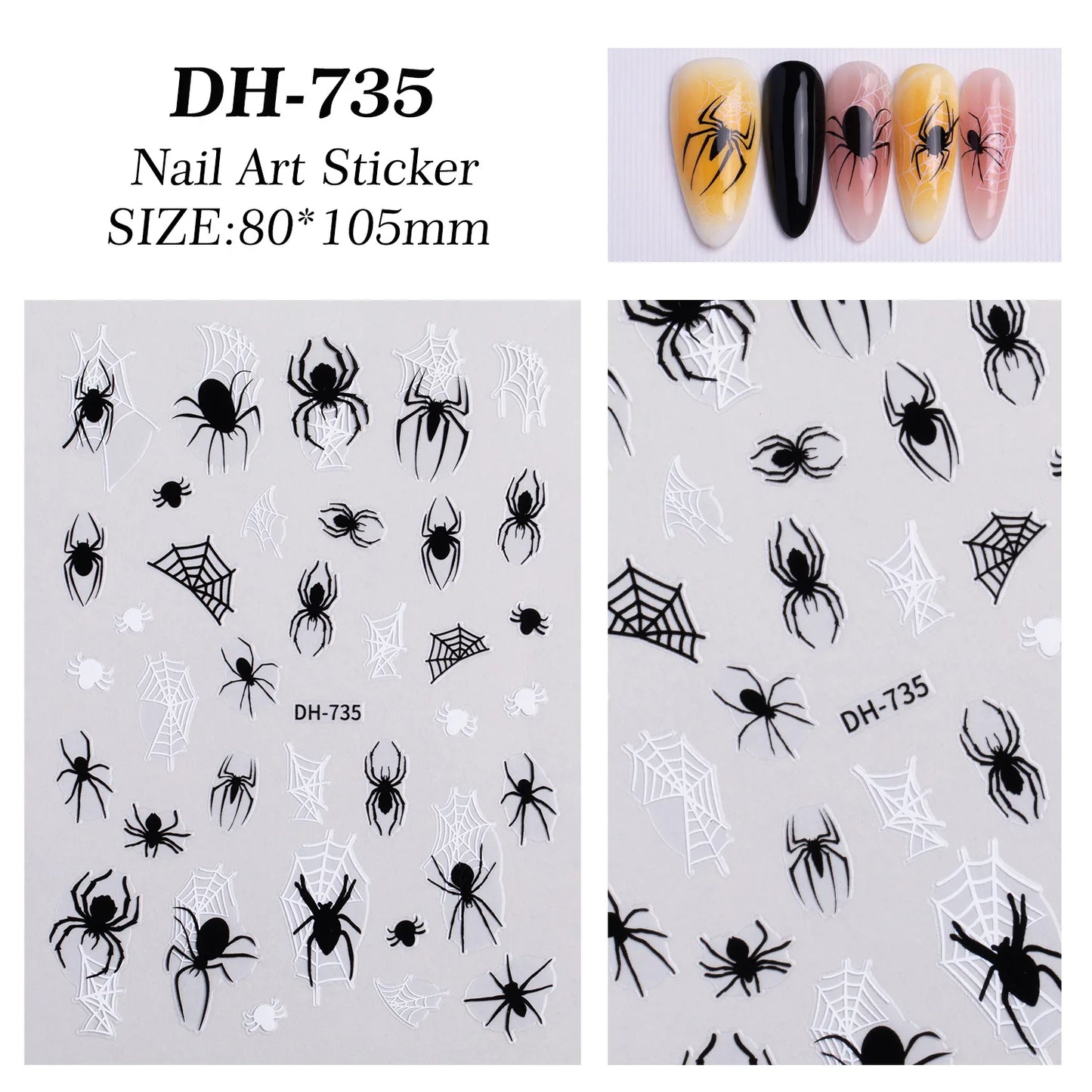Nail art sticker with spider design on a white background