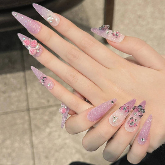 Handmade Glitter Butterfly Rose Long Almond Nails