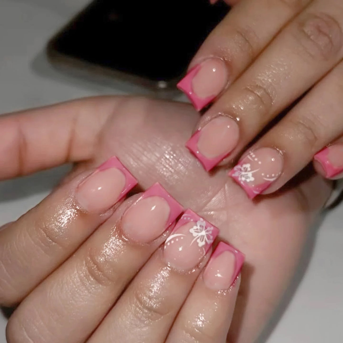Pink French Tip Short Press On Nails – Elegant Square Nail Set