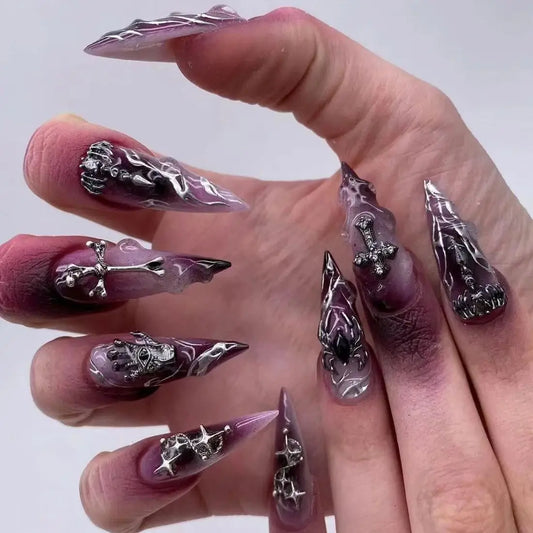 Halloween Spider & Skull False Nails – Purple Halo Press-On Nail Set with Glue