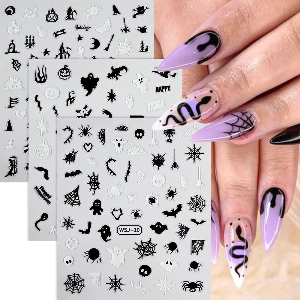 3D Halloween nail stickers with bats, ghosts, and pumpkins for festive nail art