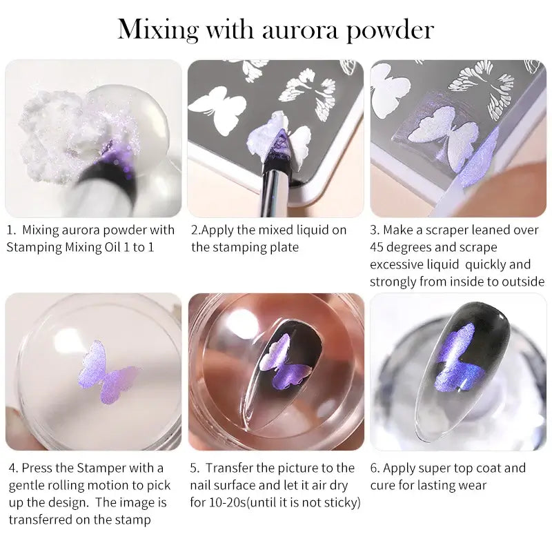 Nail Stamping Polish Step-by-step guide on mixing aurora powder with stamping oil and applying it to a nail surface.