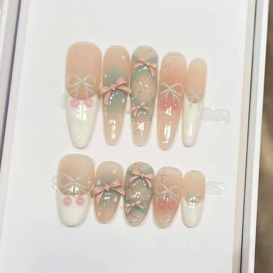 Press On Nails with 3D Bowknot | Handmade Reusable False Nails