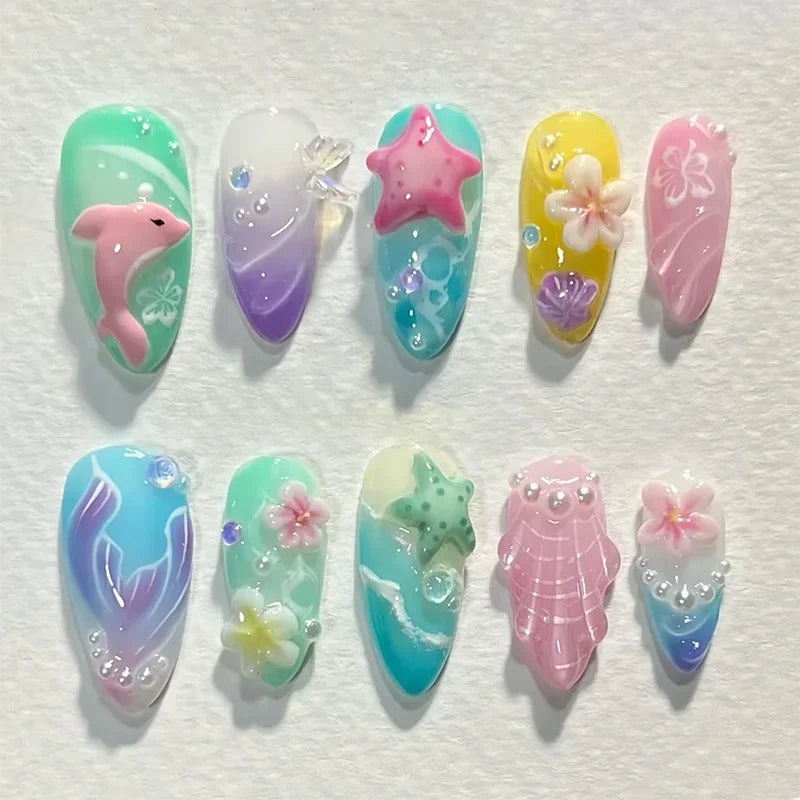 Almond Press On Nails | Colorful 3D Flower & Seashell Decor