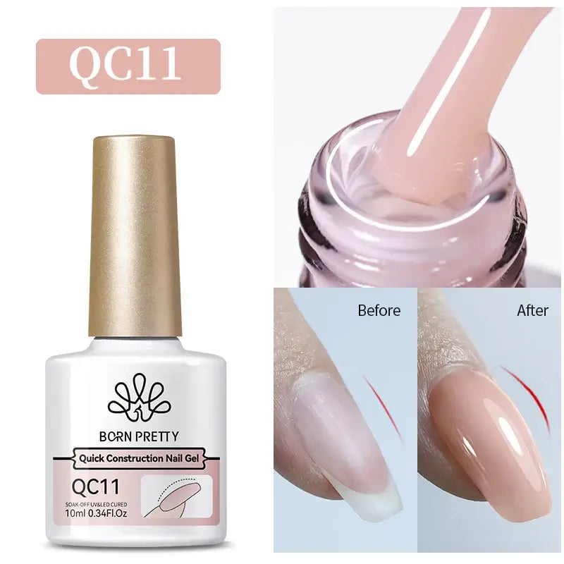 Nail Stamping Polish Born Pretty QC11 nail gel with application on a nail and 'Before' vs 'After' comparison.