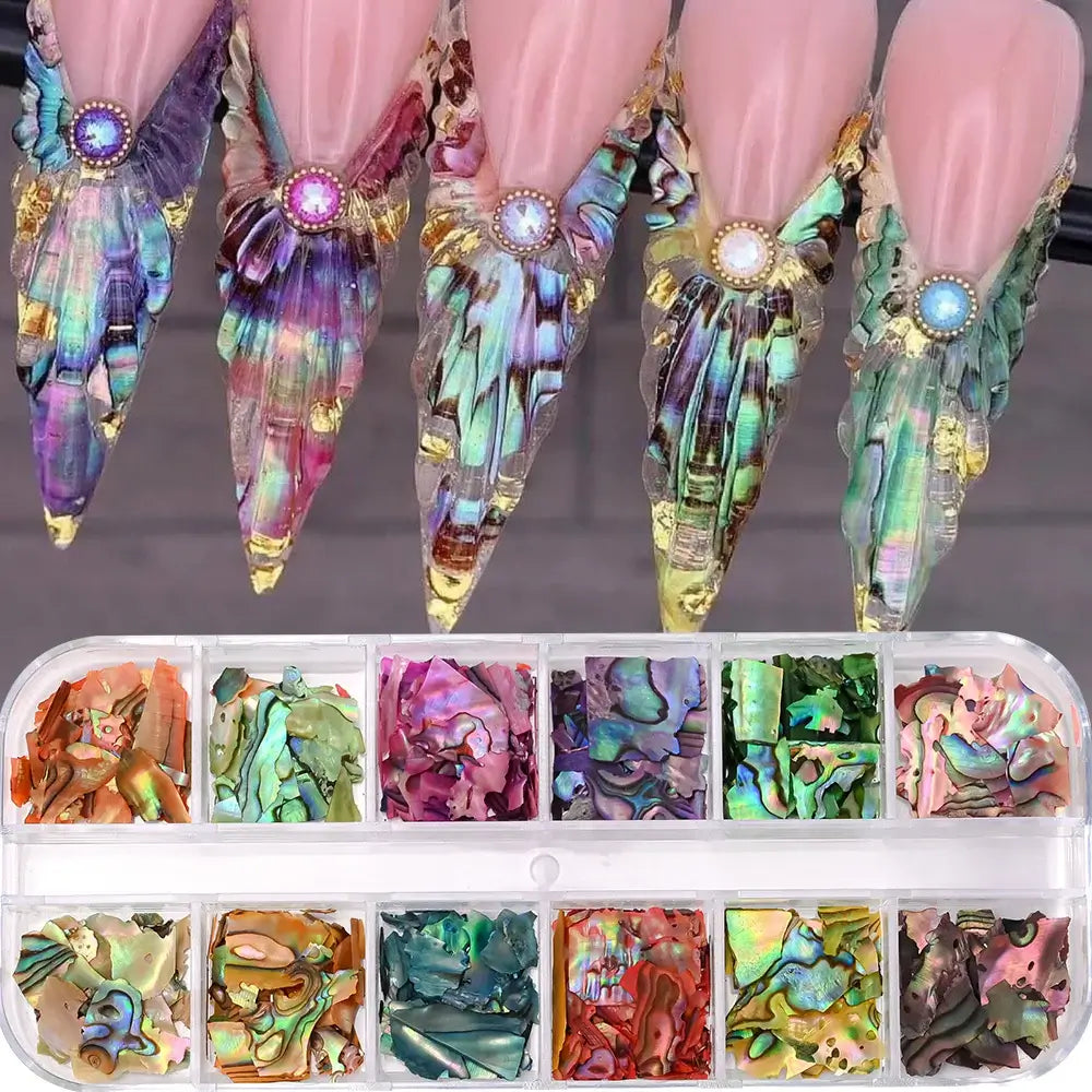 Aurora Abalone Shell Flakes – 12 Grid Nail Art Set