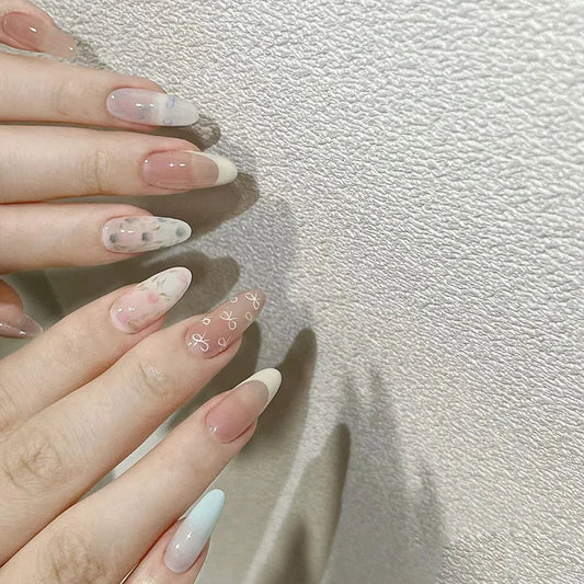Almond Press On Nails | Long French Pink Bow & Flower Design