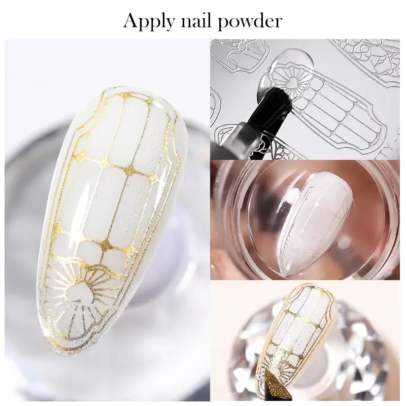 Nail Stamping Polish Steps to apply nail powder with close-up shots of a nail and a bottle.