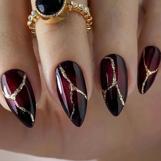 Dark Red Press On Nails Long Almond Gold-Powder Stone