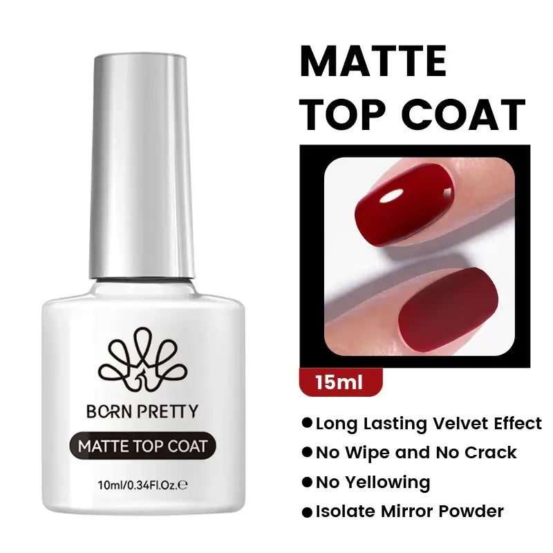 Nail Stamping Polish Born Pretty Matte Top Coat bottle with red nail polish application on a white background