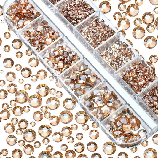 Clear container with gold rhinestones on a white background