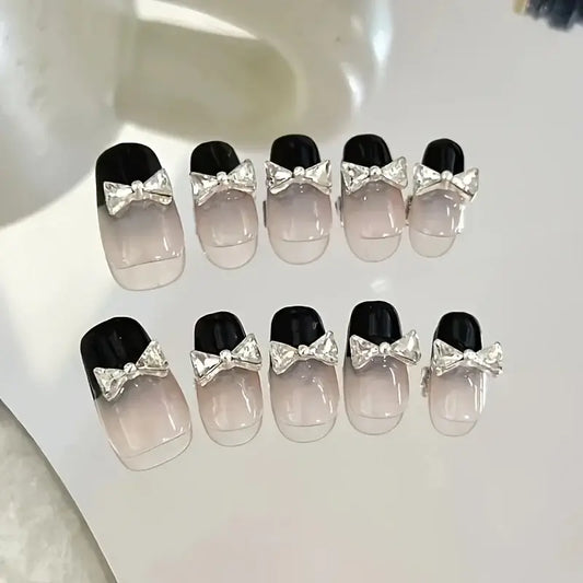 Handmade Medium Press-On Nails – Sparkling Bow Nail Art (10 Pcs)