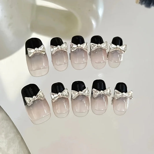 Black French Tip Press On Nails with 3D Bow Nail Art