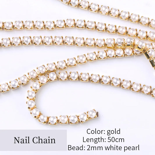3D Rhinestone & Pearl Claw Nail Chain – Gold & Silver Metal Beads