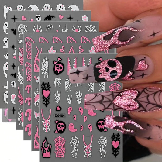 Nail art stickers with Halloween-themed designs on a gray background, with a hand model displaying applied nail art.