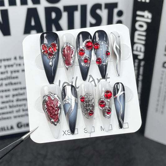 Halloween Gothic Press On Nails – Red Rhinestone Punk