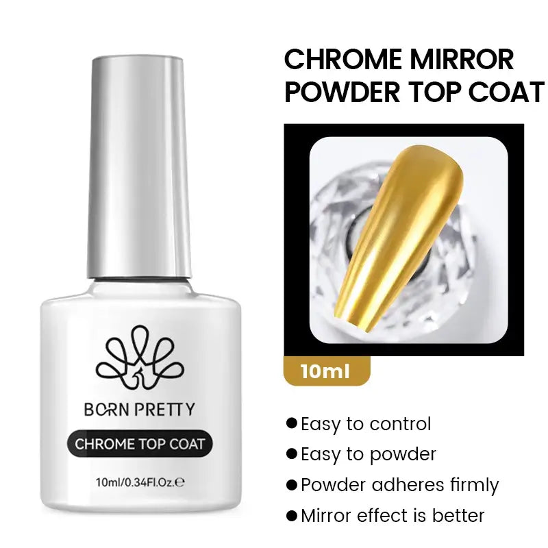 Nail Stamping Polish Born Pretty Chrome Mirror Powder Top Coat bottle with gold nail tip and product details on a white background
