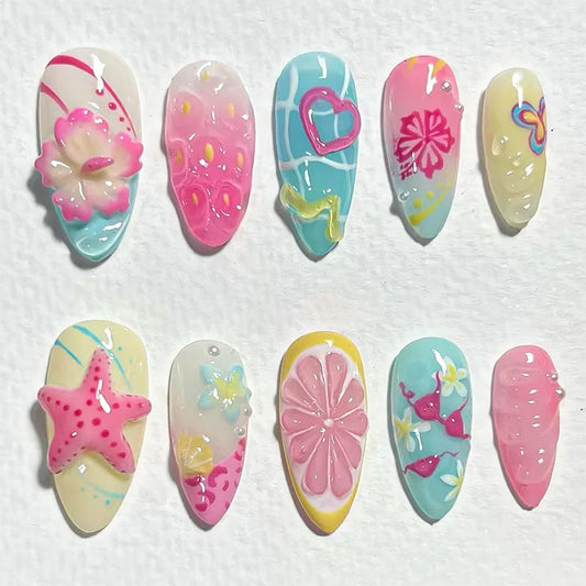 Almond Press On Nails | Colorful 3D Flower & Seashell Decor