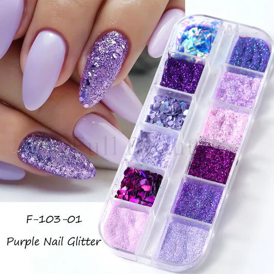 Purple Nail Glitter 12 Grids – Holographic Sugar Powder
