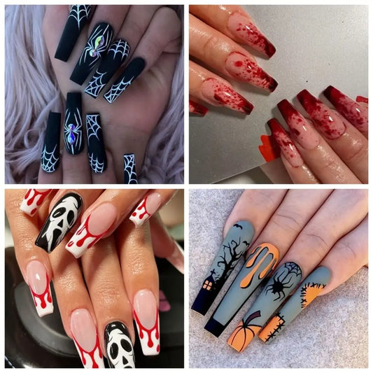 Collage of Halloween-themed nail art designs on fingers.