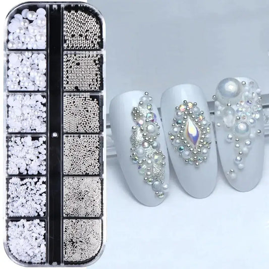 12 Grids White Pearls Nail Charms Caviar Beads