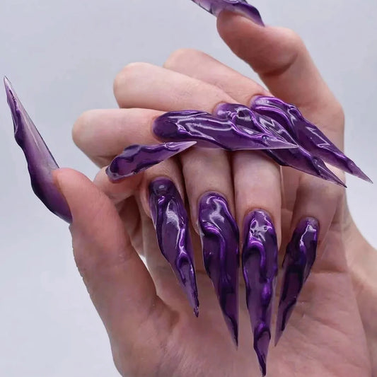 Halloween Press-On Nails – Witchy Purple Glitter & Bloody Ripple False Nails