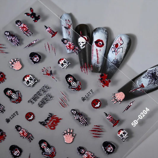 Collection of Halloween-themed nail art designs on a gray background