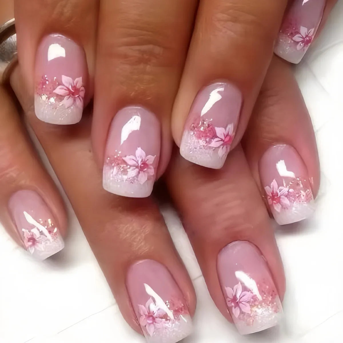 24Pcs Short Almond Press-On Nails – Pink Floral French Tip, Glossy & Elegant