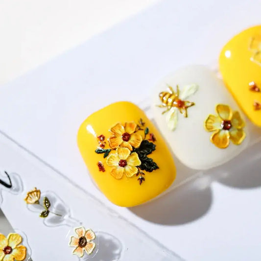 5D Kawaii Bee Nail Stickers – Yellow Embroidered Effect