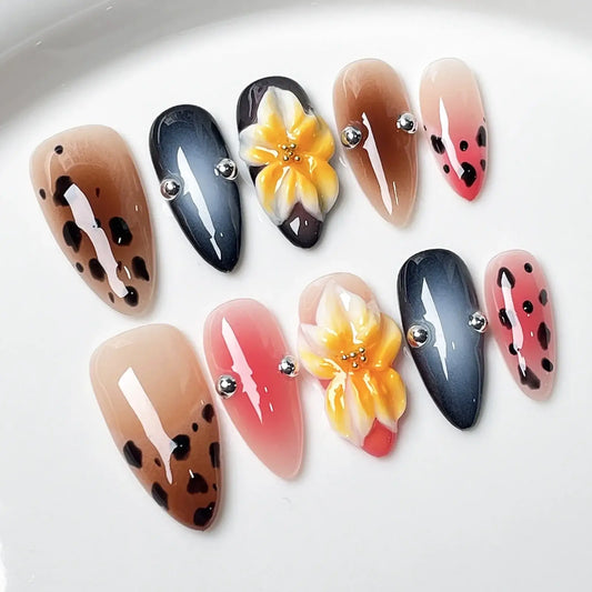 Colorful Press-On Nails – Flowers, Beads & Almond Tips