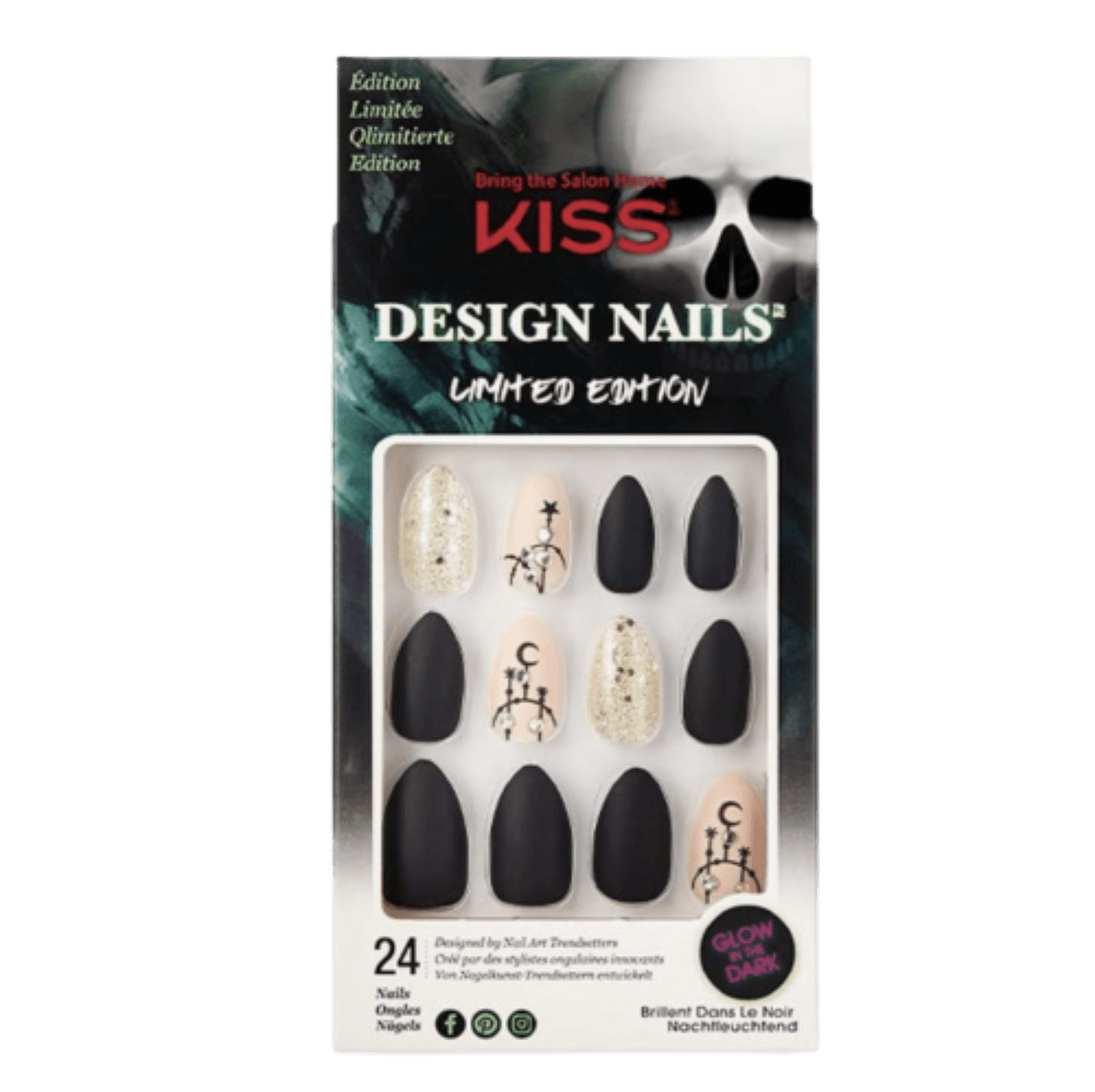 KISS Design Nails packaging with black and gold nails on a white background