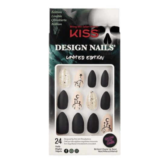 KISS Design Nails packaging with black and gold nails on a white background