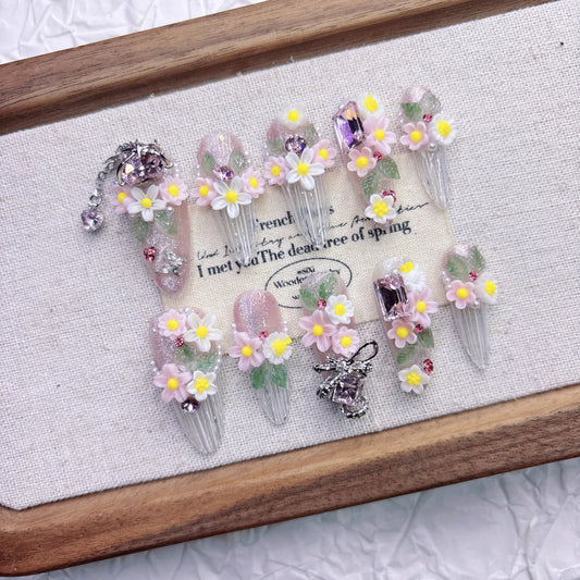 Floral Press On Nails for Women | Pink White Flowers
